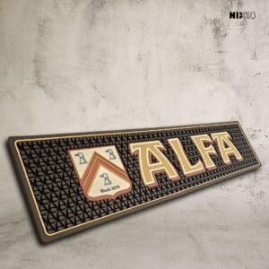 Alfa Bier barmat/dripmat voor café's, kroegen en (thuis)barren. Zwarte, rubberen dripmat met Alfa logo opdruk