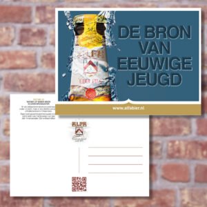 Ansichtkaart Alfa Bier met foto van Alfa fles Edelpils en de tekst "De bron van eeuwige jeugd" op de voorkant.