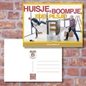 Ansichtkaart Alfa Bier met tekst "Huisje, boompje, edel pilsje"