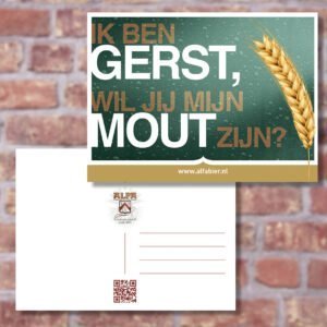 Ansichtkaart Alfa Bier met de tekst "Ik ben gerst, wil jij mijn mout zijn?" op de voorkant en het Alfa logo op de achterkant. Voeg een persoonlijke boodschap toe via de website