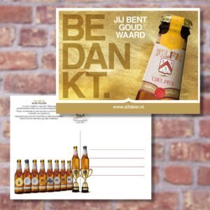 Ansichtkaart Alfa Bier Edel Pils met tekst "Bedankt. Jij bent goud waard"