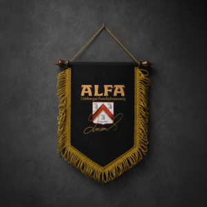 Luxa Alfa Bier vaantje twee kanten bedrukt - voorkant Alfa Bier wapenschild logo