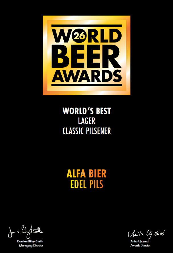 Alfa Edel Pils beste pils ter wereld World Beer Awards 2026 certificaat